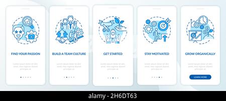 Steps to start social entrepreneurship blue onboarding mobile app page screen Stock Vector