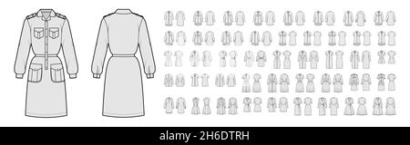 Set of Dresses Shirt wrap technical fashion illustration with long short elbow sleeves, knee mini length skirt, button closure. Flat apparel front, back, grey color style. Women men unisex CAD mockup Stock Vector