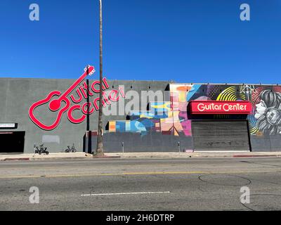 Los Angeles, CA, USA - November 14, 2021: Exterior of Guitar Center on Sunset Boulevard in Los Angeles, California. Guitar Center is an American music Stock Photo