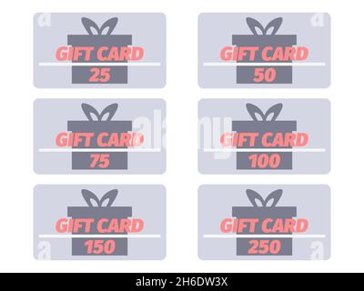 Set of gift cards with gift box. Design template for gift and discount card, marketing products. Cards in denominations: 25, 50, 75, 100, 150, 250. Ve Stock Vector
