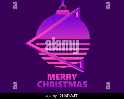 Merry Christmas in synthwave and retrowave style. 80s retro sci-fi christmas tree. Festive design for greeting card, promotional material and banner. Stock Vector