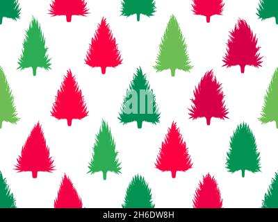 Seamless pattern with Christmas trees green and red color on white background. Festive design for greeting cards, wrapping paper, banners and posters. Stock Vector
