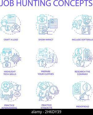Job hunting blue gradient concept icons set Stock Vector