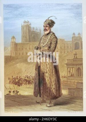 Machine colorised Abu'l-Fath Jalal-ud-din Muhammad Akbar (25 October 1542– 27 October 1605), popularly known as Akbar the Great (Akbar-i-azam), and also as Akbar I was the third Mughal emperor, who reigned from 1556 to 1605. Akbar succeeded his father, Humayun, under a regent, Bairam Khan, who helped the young emperor expand and consolidate Mughal domains in India. From the book ' The Oriental annual, or, Scenes in India ' by the Rev. Hobart Caunter Published by Edward Bull, London 1838 engravings from drawings by William Daniell Stock Photo