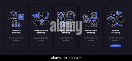 Types of branding strategies dark onboarding mobile app page screen Stock Vector