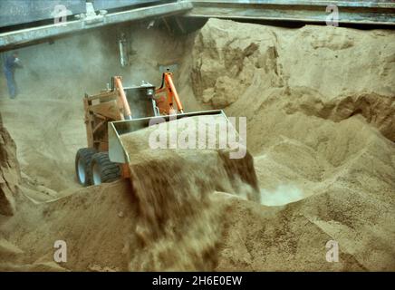 Feed cereals being  unloaded by means of a wheel-mounted front-end loader in the Port of Hamburg. Stock Photo