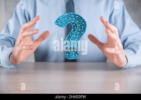 Question mark. 3d abstract on dark background with dots and stars. Ask symbol. Help support, faq problem symbol, think education concept, confusion se Stock Photo