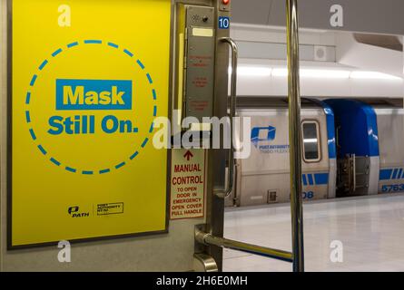 PATH station at the World Trade Center subway platform to Hoboken NJ Stock Photo