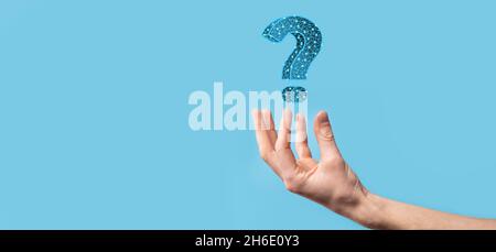 Question mark. 3d abstract on dark background with dots and stars. Ask symbol. Help support, faq problem symbol, think education concept, confusion se Stock Photo