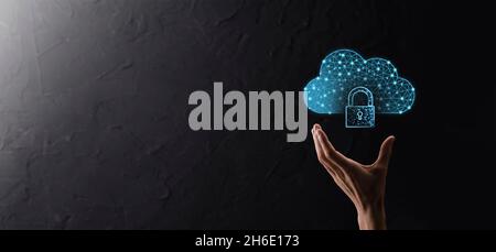 Cloud technology. Polygonal wireframe cloud storage sign with padlock on dark blue. Cloud computing, big data center, future infrastructure, digital a Stock Photo