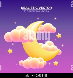 Shined crescent with stars and clouds on night sky. Glossy 3d crescent with bright stars. Moon or crescent. Space futuristic creative design. Vector illustration Stock Vector