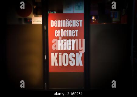 Bad grammar on a sign. Announcement of a kiosk opening. Stock Photo