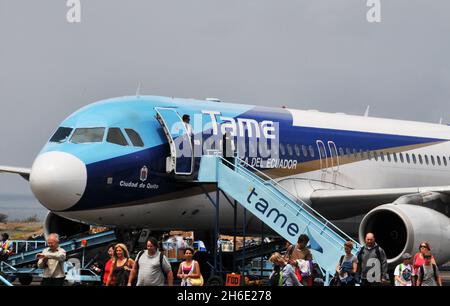 Airbus A320-233 of Tame airlines landed, Baltra airport , Galapagos,  Ecuador Stock Photo