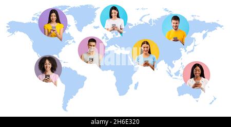 Global Communication Concept. Different People Using Smartphones For Messaging Over World Map Stock Photo