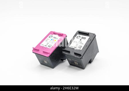Lloret de Mar, Spain - 11.15.2021: HP (Hewlett-Packard) inc printer black and color cartridges 305 305XL model Stock Photo