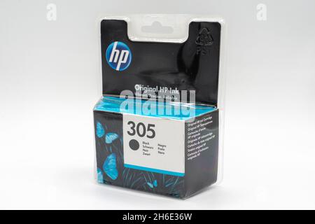 Lloret de Mar, Spain - 11.15.2021: HP (Hewlett-Packard) inc printer black cartridge 305 model Stock Photo