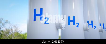 3D rendering of modern hydrogen tanks for renewable energy. Stock Photo