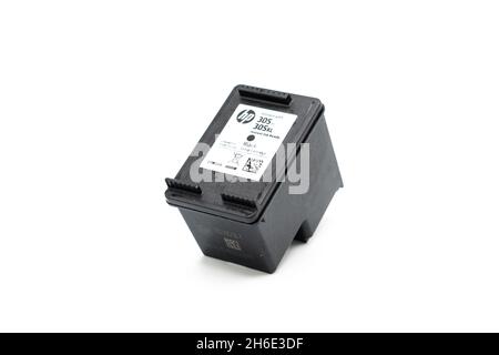 Lloret de Mar, Spain - 11.15.2021: HP (Hewlett-Packard) inc printer black cartridge 305 model Stock Photo