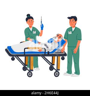 ER help, emergency workers helping an old patient on a stretcher. Flat style cartoon Vector illustration. Stock Vector