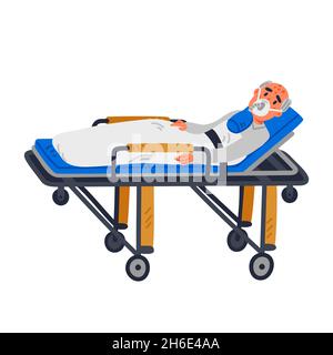 ER help, an old patient lying on a stretcher in emergency room. Flat style cartoon Vector illustration. Stock Vector
