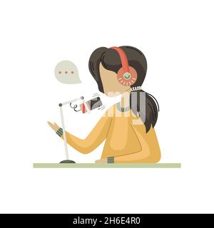 Vector illustration of a girl recording a podcast. The blogging. A modern profession. Flat style illustration Stock Vector