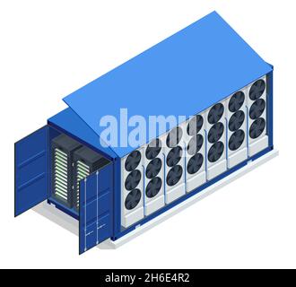 Isometric cryptocurrency mining farm. Cryptocurrency mining equipment. Blockchain system Stock Vector