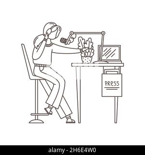 Vector illustration of a girl recording a podcast in a home studio. The blog. A modern profession. Outline illustration Stock Vector
