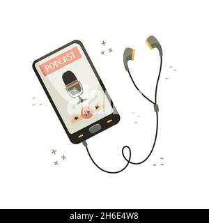 Vector illustration of a smartphone with headphones with a podcast app. Blogging. A modern profession. Flat style illustration Stock Vector