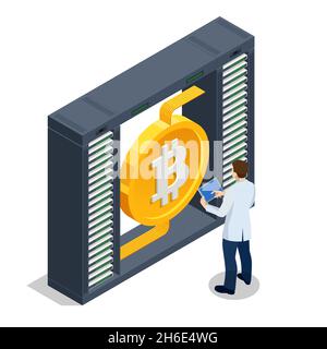 Isometric cryptocurrency mining farm. Cryptocurrency mining equipment. Blockchain system Stock Vector