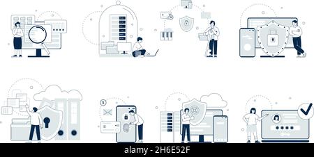 Cyber security concept. Secure working, privacy politics industry. Data protection, no computer hacking. Finance and database saving, recent vector Stock Vector
