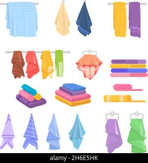Fabric cartoon bath towels. Isolated towel, bathtub rag icons. Colorful hanging fabric, beach, hotel or spa textile. Kitchen or bathroom decent vector Stock Vector