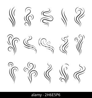 Line smoke steam. Smell lines, vapour icons. Warm or heat symbols, isolated aroma fume. Coffee and grill scent, fire on wind tidy vector elements Stock Vector