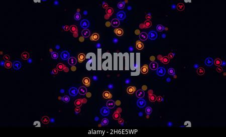 Animation of seamless loop. Abstract animation of multicolored neon social media network emojis icons rotating in spiral on the black background. Stock Photo