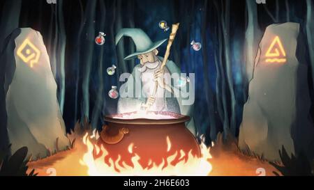 Beautiful animation of cartoon wizard preparing a potion in a cauldron and bright beam of light rushing up. Cute colorful cartoon Stock Photo