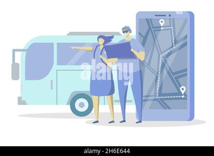 Tourist couple, smartphone with public transport mobile app, vector illustration. City map, bus route. City bus services Stock Vector