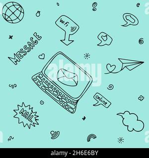 Vector mail doodles Seamless Pattern. Icons with paper envelopes, letters, email. A children s notebook in a cage with drawings of postal items. Hand Stock Vector