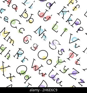 Vector handwritten font Seamless Pattern. Icons with paper envelopes, letters, email. A children s notebook in a cage with drawings of postal items Stock Vector