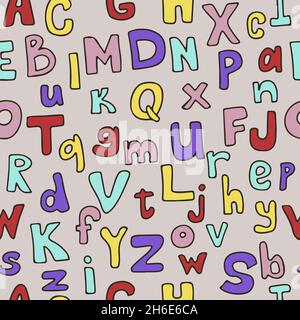 Vector handwritten font Seamless Pattern. Icons with paper envelopes, letters, email. A children s notebook in a cage with drawings of postal items Stock Vector