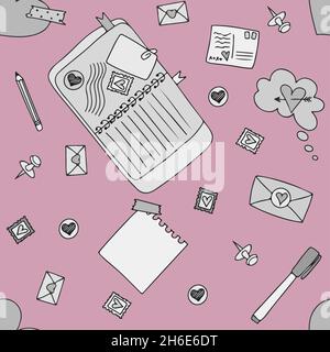 Vector mail doodles Seamless Pattern. Icons with paper envelopes, letters, email. A children s notebook in a cage with drawings of postal items. Hand Stock Vector