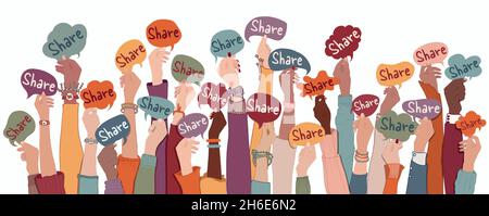 Many Arms and hands up of multiethnic group diverse people holding speech bubble with text -Share- Concept of sharing communication and exchange Stock Vector