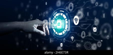 Businessman using finger on Virtual screen of Social Media. Social Media Communication Internet Network Connection Concept. Stock Photo