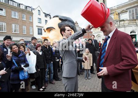 Al Murray the pub landlord and Jimmy Carr in the latest Walkers ad for Comic Relief shot in Kingston - in a bid to raise over Â£1million this Red Nose Day with their very own Walkers crisps! The ad will air on 16th February. Stock Photo