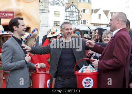 Gary Lineker stars alongside Al Murray the pub landlord and Jimmy Carr in the latest Walkers ad for Comic Relief shot in Kingston - in a bid to raise over Â£1million this Red Nose Day with their very own Walkers crisps! The ad will air on 16th February. Stock Photo