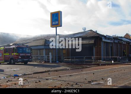 The aftermath this morning from last nights riot on Tottenham High Road in North London. The riot were sparked after police shot dead 29 year old Mark Duggan on Thursday. Picture shows: A Aldi store destroyed Stock Photo