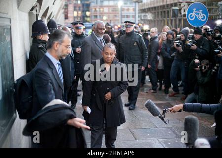 Doreen and Neville Lawrence pictured outside the Old Bailey in London this evening after Gary Dobson and David Norris were found guilty of murdering their son Stephen Lawrence in Eltham in 1993. Stock Photo