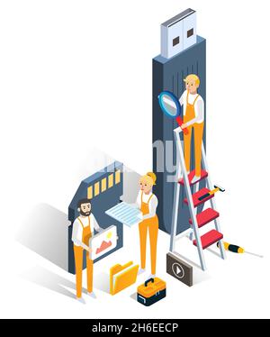 Recovery data, vector isometric illustration. USB flash, memory card repair. Lost video, photos or music files recovery. Stock Vector