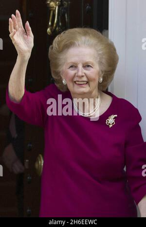 Baroness Margaret Thatcher pictured outside her London home this afternoon after leaving hospital.The Former prime minister spent almost two weeks at the Cromwell hospital after being admitted with the flu. Stock Photo