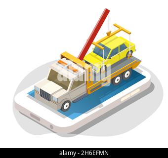 Isometric smartphone with yellow car on tow truck on screen. Roadside assistance, car towing online service, vector. Stock Vector