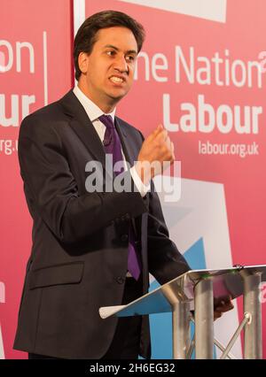 Labour leader Ed Miliband delivers his speech on One Nation Politics at The St Bride Foundation in London. Stock Photo