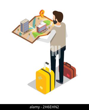 Tourist holding folded city map with location pin, vector isometric illustration. Travel route, tourism, destination. Stock Vector